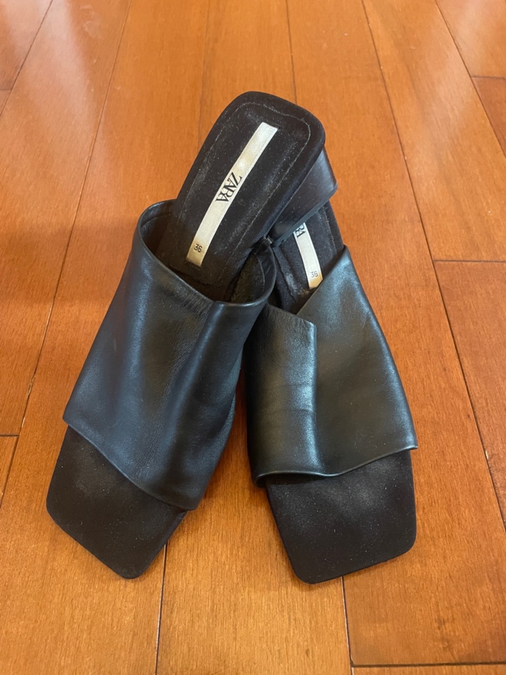 Zara Black Leather Square-Toe Slide Mules
